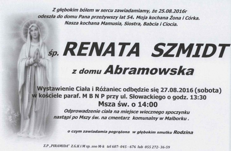 Zmarła Renata Szmidt. Żyła 54 lata.