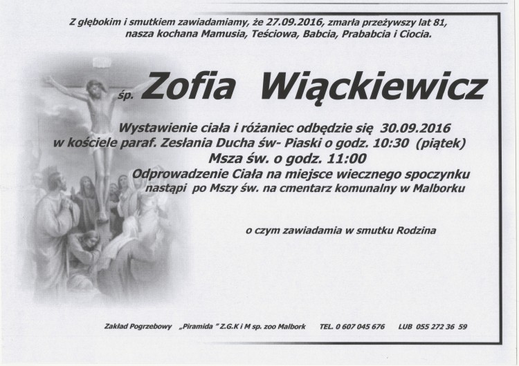 Zmarła Zofia Wiąckiewicz. Żyła 81 lat.