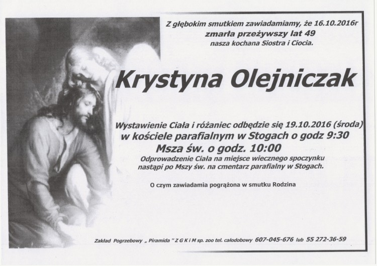 Zmarła Krystyna Olejniczak. Żyła 49 lat.