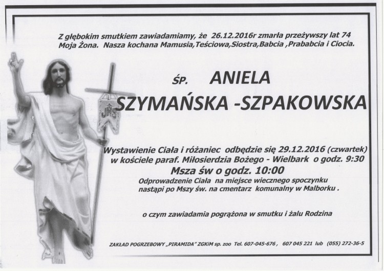 Zmarła Aniela Szymańska-Szpakowska. Żyła 74 lata.
