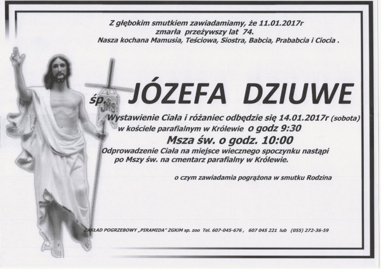 Zmarła Józefa Dziuwe. Żyła 74 lata.