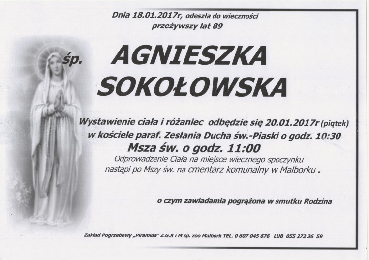 Zmarła Agnieszka Sokołowska. Żyła 89 lat.