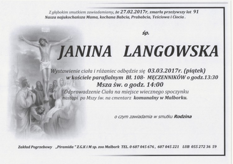 Zmarła Janina Langowska . Żyła 91 lat.