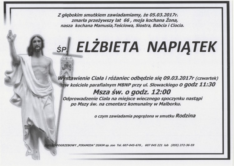 Zmarła Elżbieta Napiątek. Żyła 66 lat.