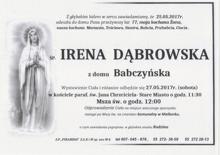 Zmarła Irena Dąbrowska. Żyła 77 lat.