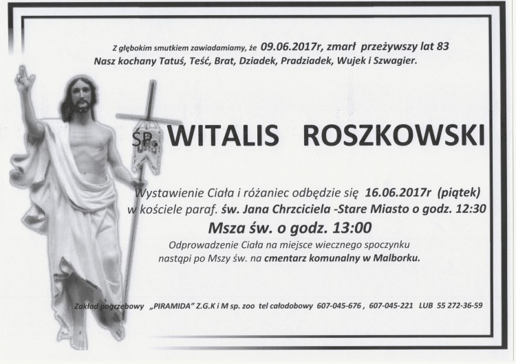 Zmarł Witalis Roszkowski. Żył 83 lata.