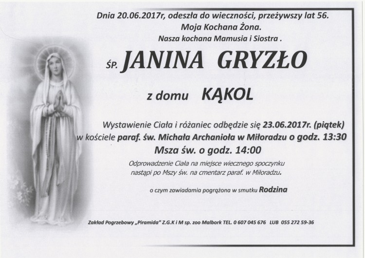 Zmarła Janina Gryzło. Żyła 56 lat.