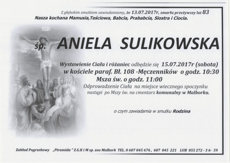 Zmarła Aniela Sulikowska. Żyła 83 lata.