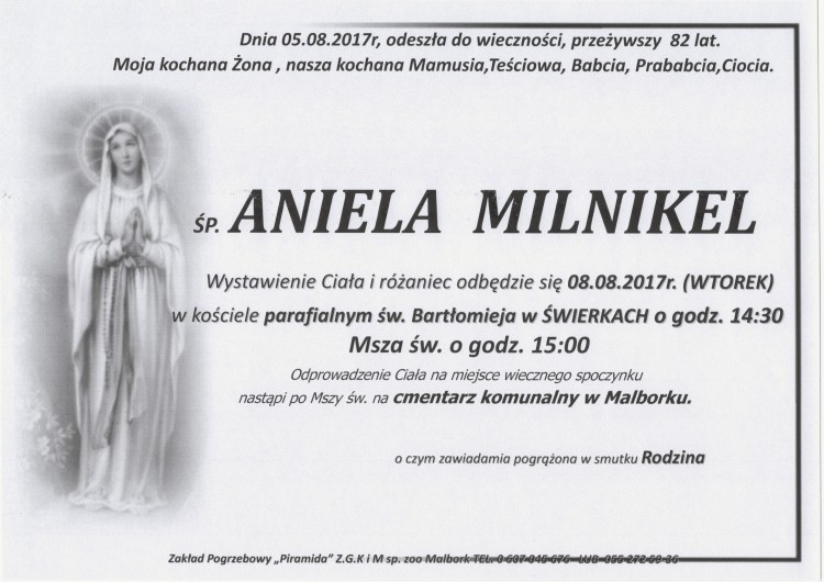 Zmarła Aniela Milnikiel. Żyła 82 lat.