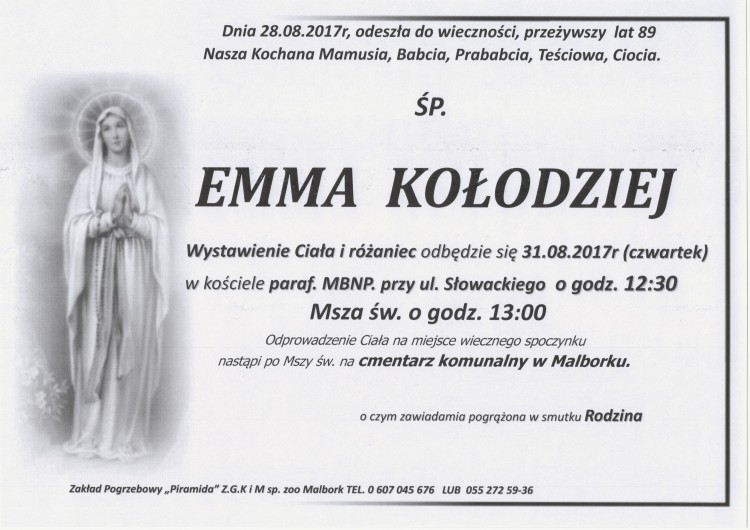 Zmarła Emma Kołodziej. Żyła 89 lat.