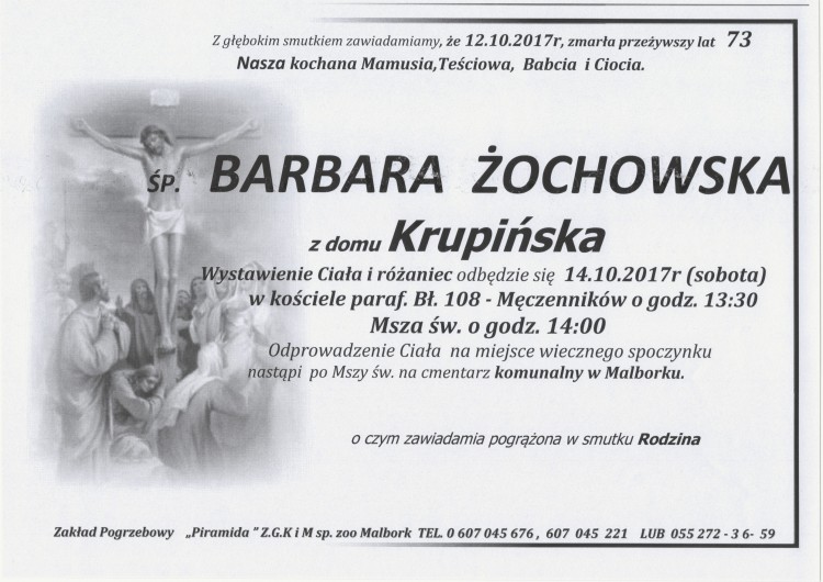 Zmarła Barbara Żochowska. Żyła 73 lata.