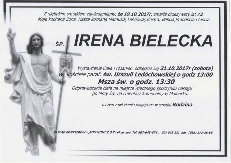 Zmarła Irena Bielecka. Żyła 72 lat.