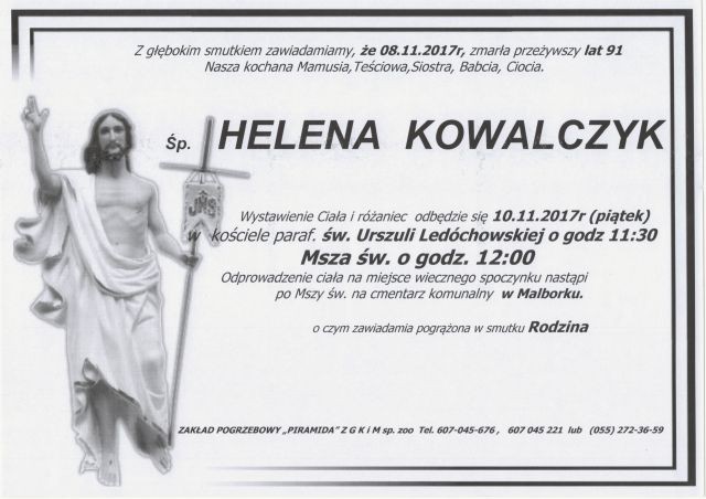 Zmarła Helena Kowalczyk. Żyła 91 lat.