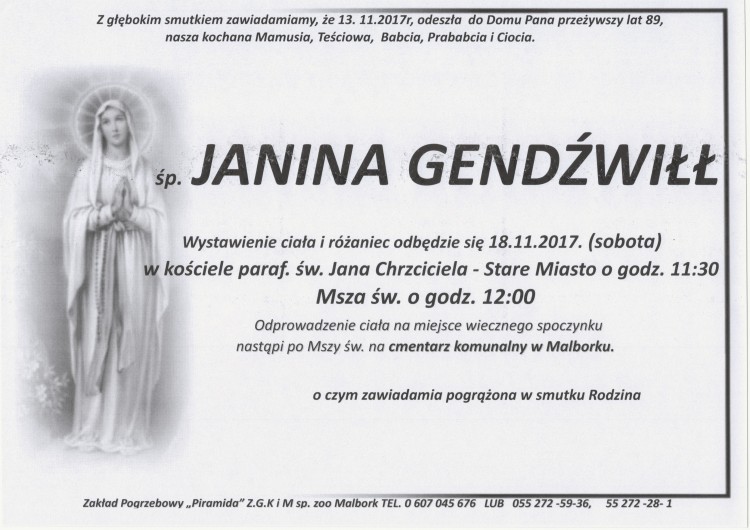 Zmarła Janina Gendźwiłł. Żyła 89 lat