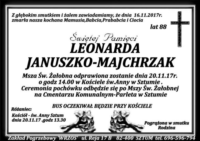 Zmarła Leonarda Januszko - Majchrzak. Żyła 88 lat.