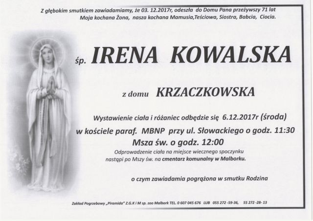 Zmarła Irena Kowalska. Żyła 71 lat.