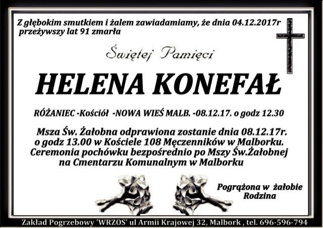 Helena Konefał. Żyła 91 lat