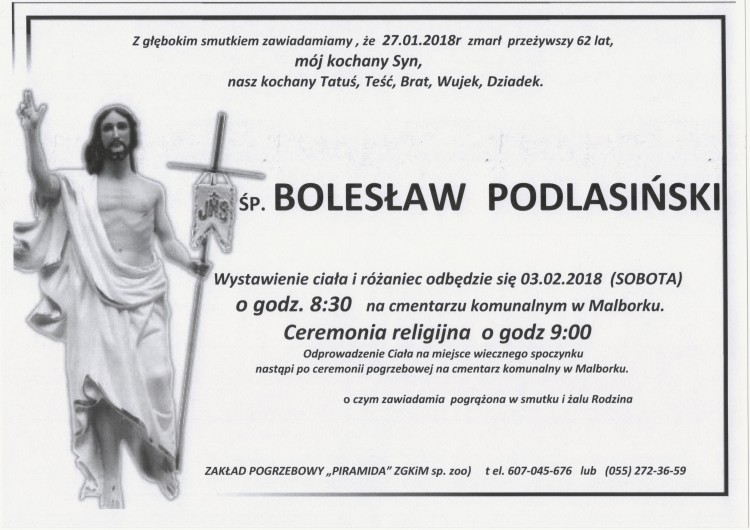 Zmarł Bolesław Podlasiński. Żył 62 lata.