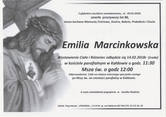 Zmarła Emilia Marcinkowska. Żyła 86 lat.