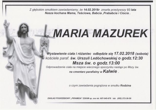 Zmarła Maria Mazurek. Żyła 93 lat.