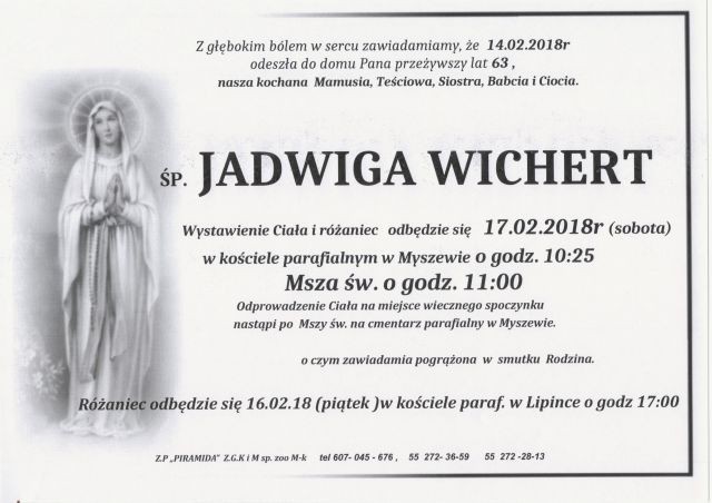 Zmarła Jadwiga Wichert. Żyła 63 lat.