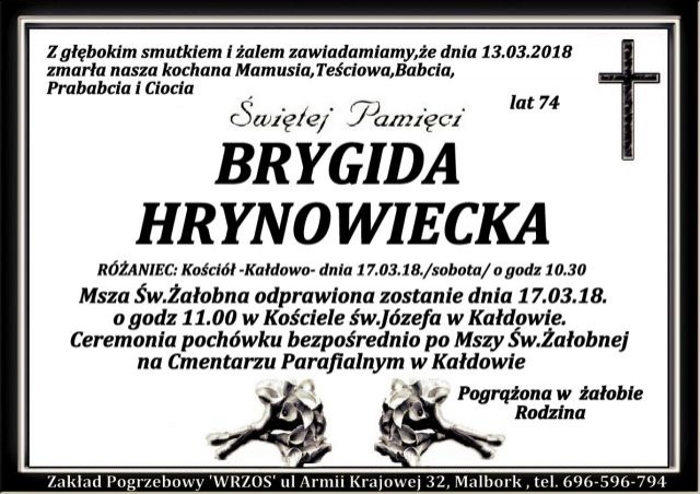 Zmarła Brygida Hrynowiecka. Żyła 74 lata.