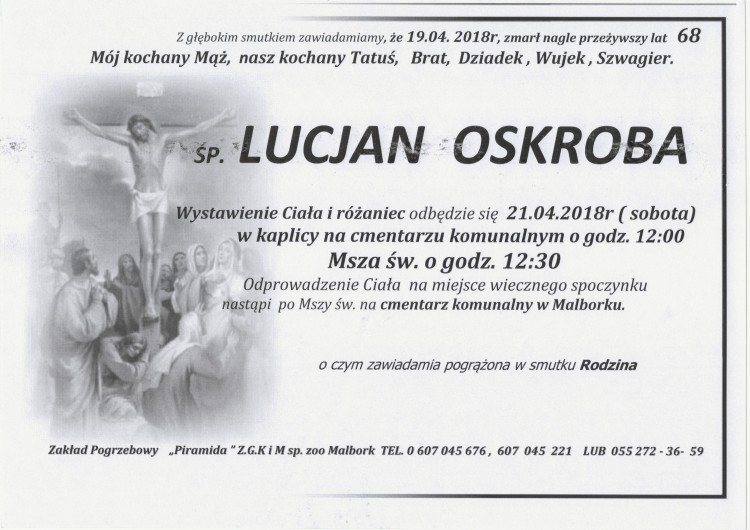 Zmarł Lucjan Oskroba. Żył 68 lat.