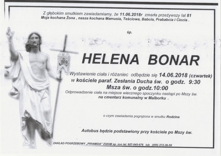 Zmarła Helena Bonar. Żyła 81 lat.