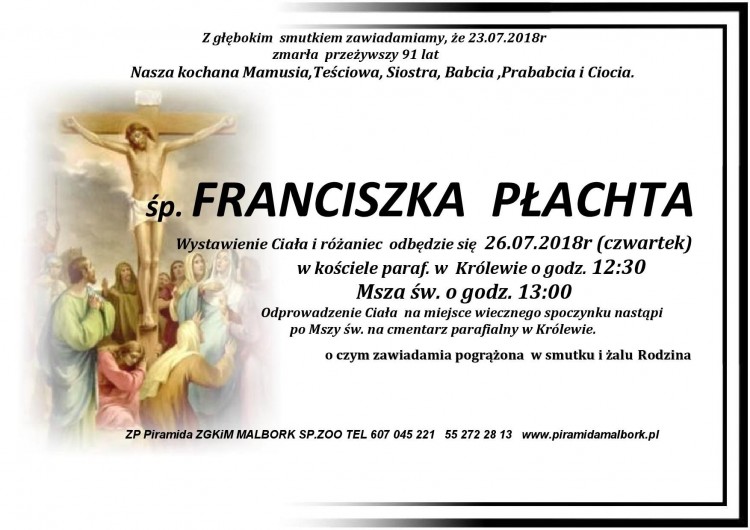 Zmarła Franciszka Płachta. Żyła 91 lat.
