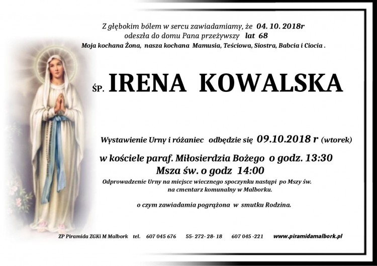 Zmarła Irena Kowalska. Żyła 68 lat.