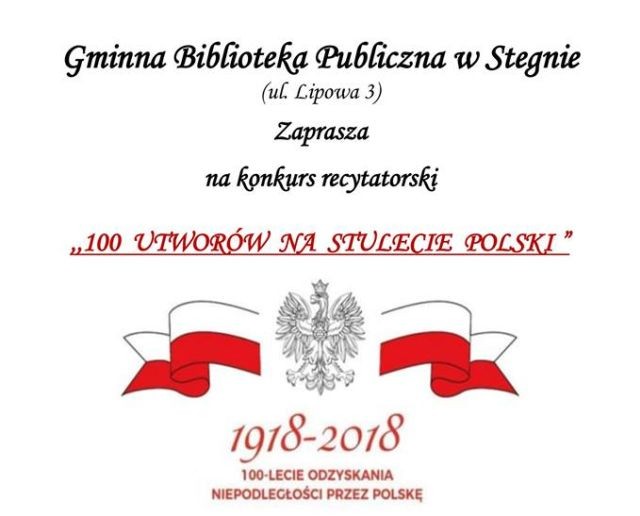 „ 100 utworów na stulecie Polski" - konkurs recytatorski w Stegnie.