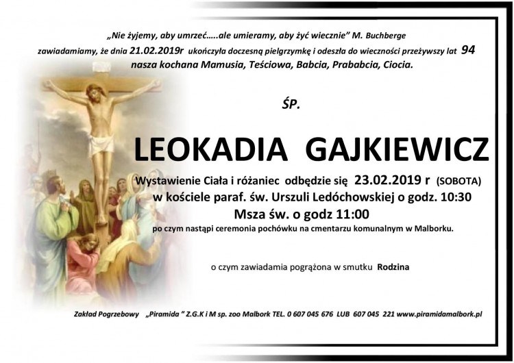 Zmarła Leokadia Gajkiewicz. Żyła 94 lata.