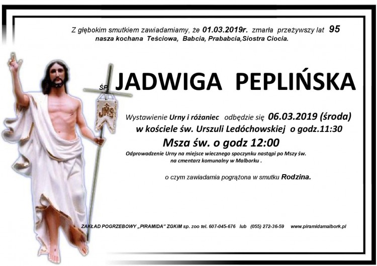 Zmarła Jadwiga Peplińska. Żyła 95 lat.