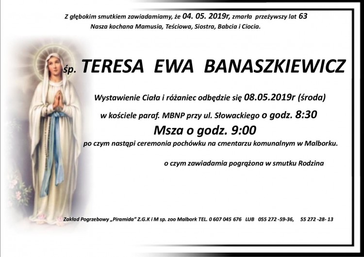 Zmarła Teresa Ewa Banaszkiewicz. Żyła 63 lata.