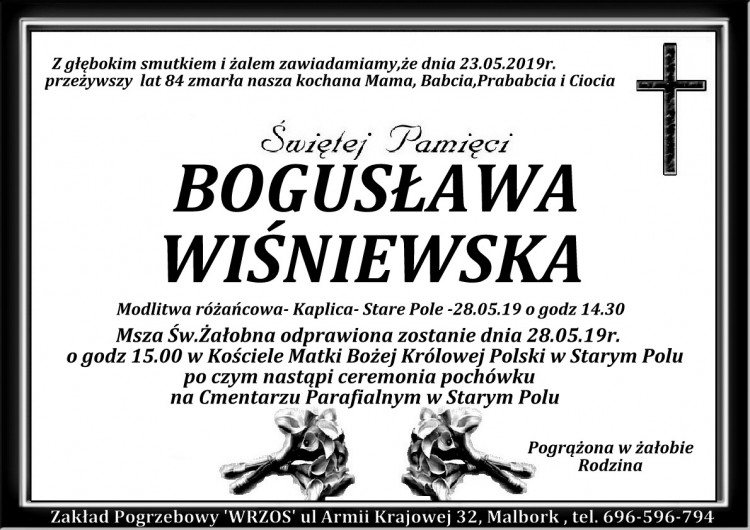 Zmarła Bogusława Wiśniewska. Żyła 84 lata.