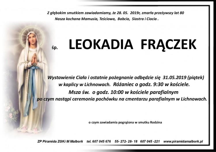 Zmarła Leokadia Frączek. Żyła 80 lat.