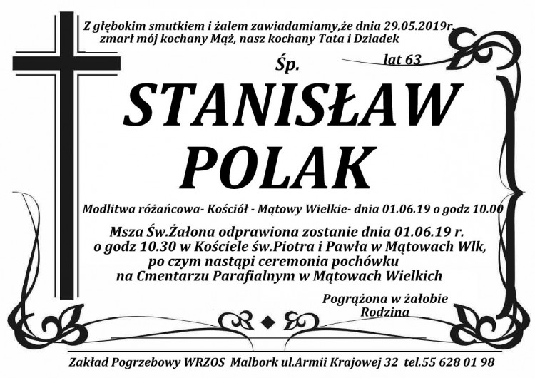 Zmarł Stanisław Polak. Żył 63 lata.