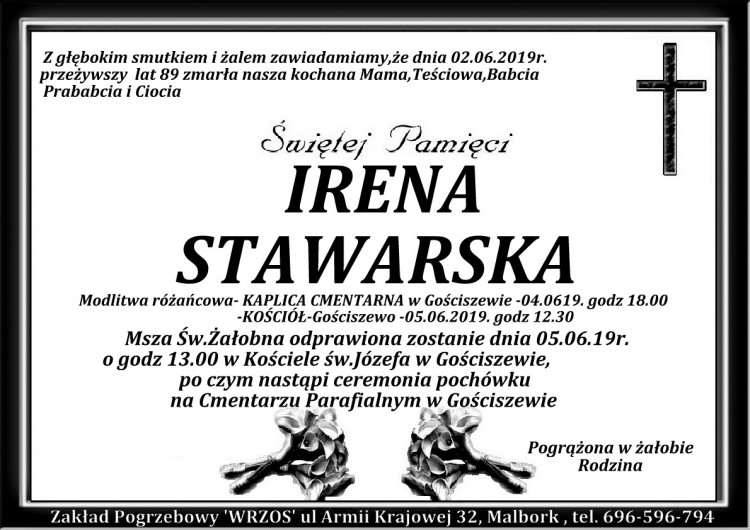 Zmarła Irena Stawarska. Żyła 89 lat.
