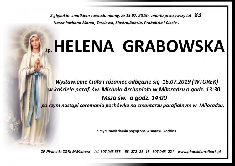 Zmarła Helena Grabowska. Żyła 83 lata.