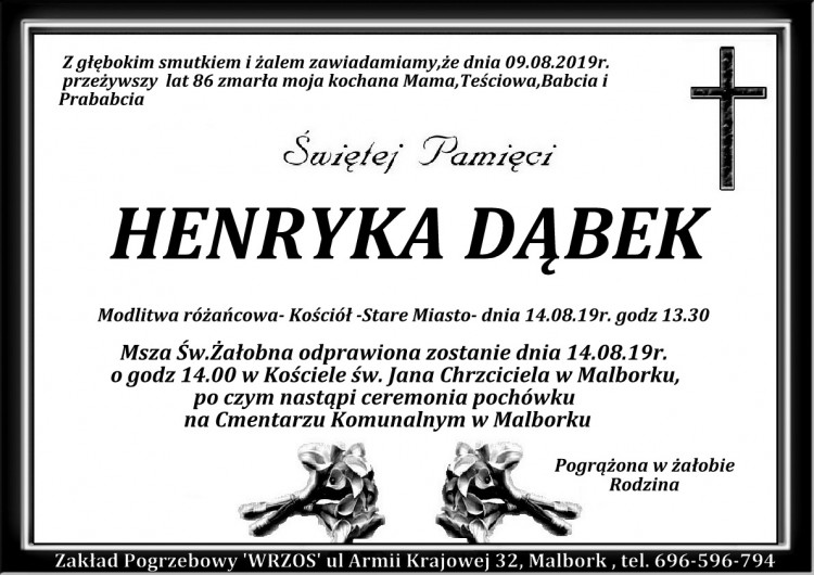Zmarła Henryka Dąbek. Żyła 86 lat.