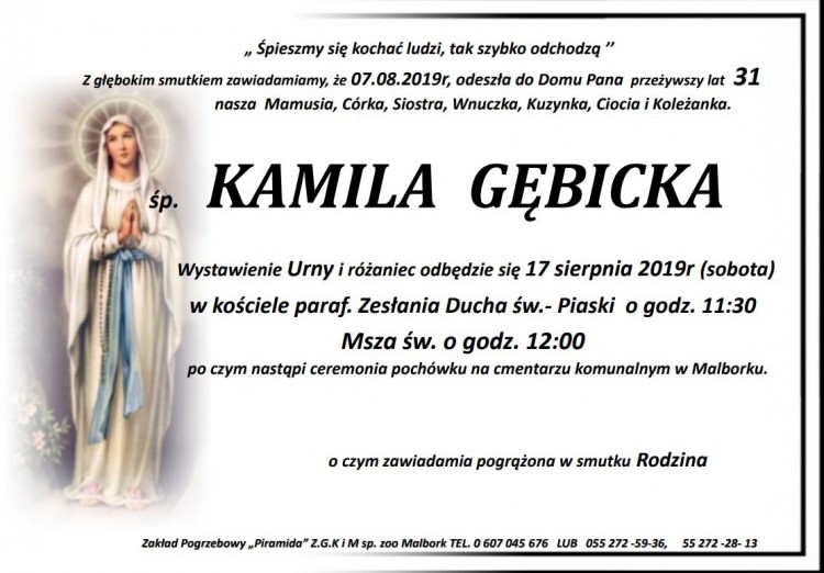 Zmarła Kamila Gębicka. Żyła 31 lat.