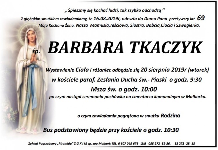 Zmarła Barbara Tkaczyk. Żyła 69 lat.