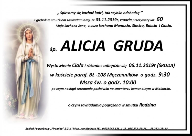 Zmarła Alicja Gruda. Żyła 60 lat.