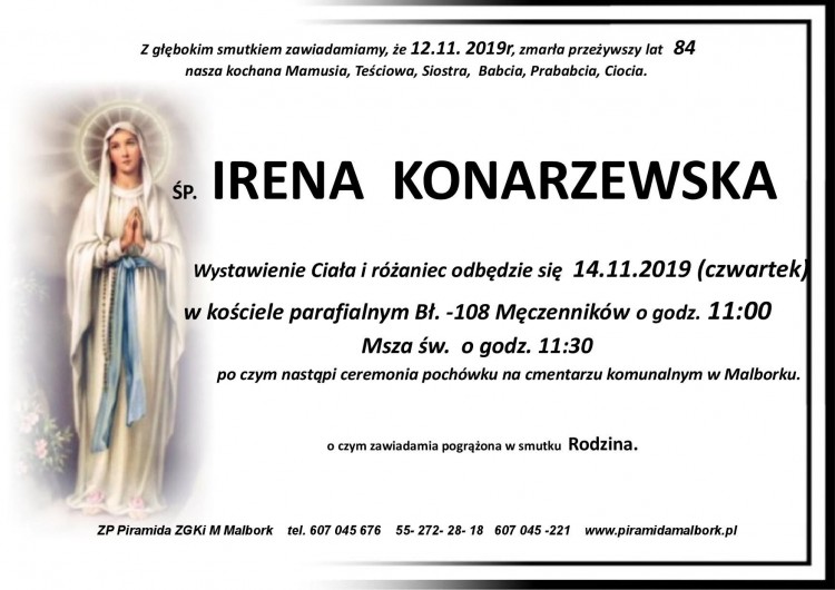 Zmarła Irena Konarzewska. Żyła 84 lata.