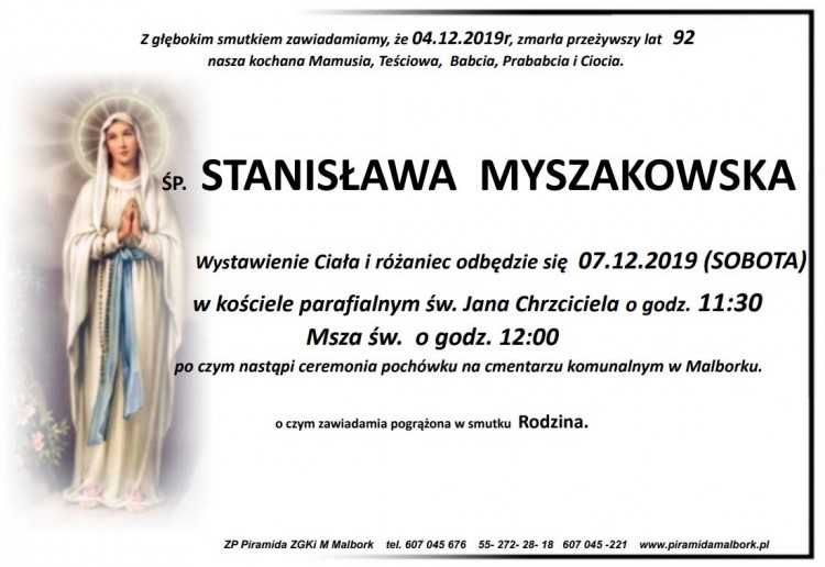Zmarła Stanisława Myszakowska. Żyła 92 lata.