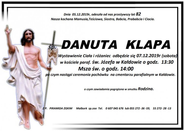 Zmarła Danuta Klapa. Żyła 82 lata.