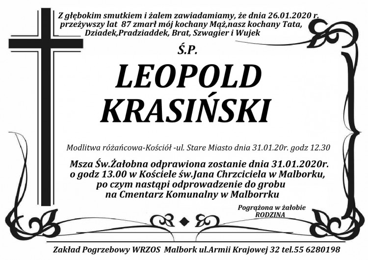 Zmarł Leopold Krasiński. Żył 87 lat.
