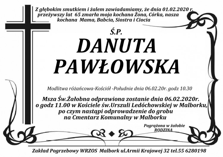Zmarła Danuta Pawłowska. Żyła 65 lat.