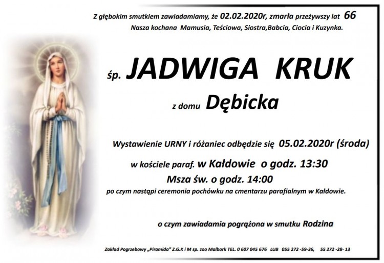Zmarła Jadwiga Kruk. Żyła 66 lat.