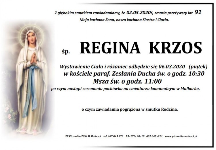 Zmarła Regina Krzos. Żyła 91 lat.